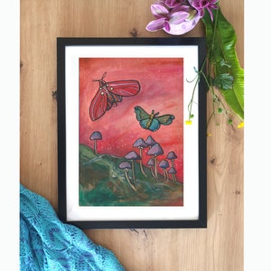 Mushroom Giclee Print: Whimsical Moth and Toadstool Fantasy Art