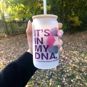 Palestine Customized frosted Glass cup can jar Iced Coffee Cup with Bamboo Lid and Straw, Palestinian fingerprint it’s in my DNA
