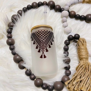 Palestine Customized frosted Glass cup can jar Iced Coffee Cup with Bamboo Lid and Straw, Palestinian Kufeya كوفية kufiya