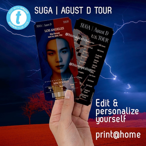SUGA AGUST D tour TICKET digital editable personalize custom merch bts print at home in person concert bts bang tan lightstick kpop