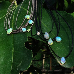 Può includere: Una collezione di collane di opale a forma di lacrima su uno sfondo di foglie verdi. Le collane sono realizzate con cordoncini neri e marroni.