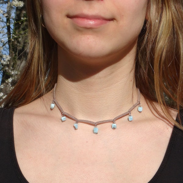 Larimar Topaz macrame crystal necklace.Everyday dainty  dangle jewelry with blue stone and stainless.Macrame choker.Layered Charm necklace.