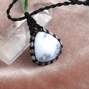 Merlinite Pendant.Dendritic Opal Pendant Macrame.Macrame crystal necklace, macrame choker.Gift for Women.Black and White. Soul sister gift