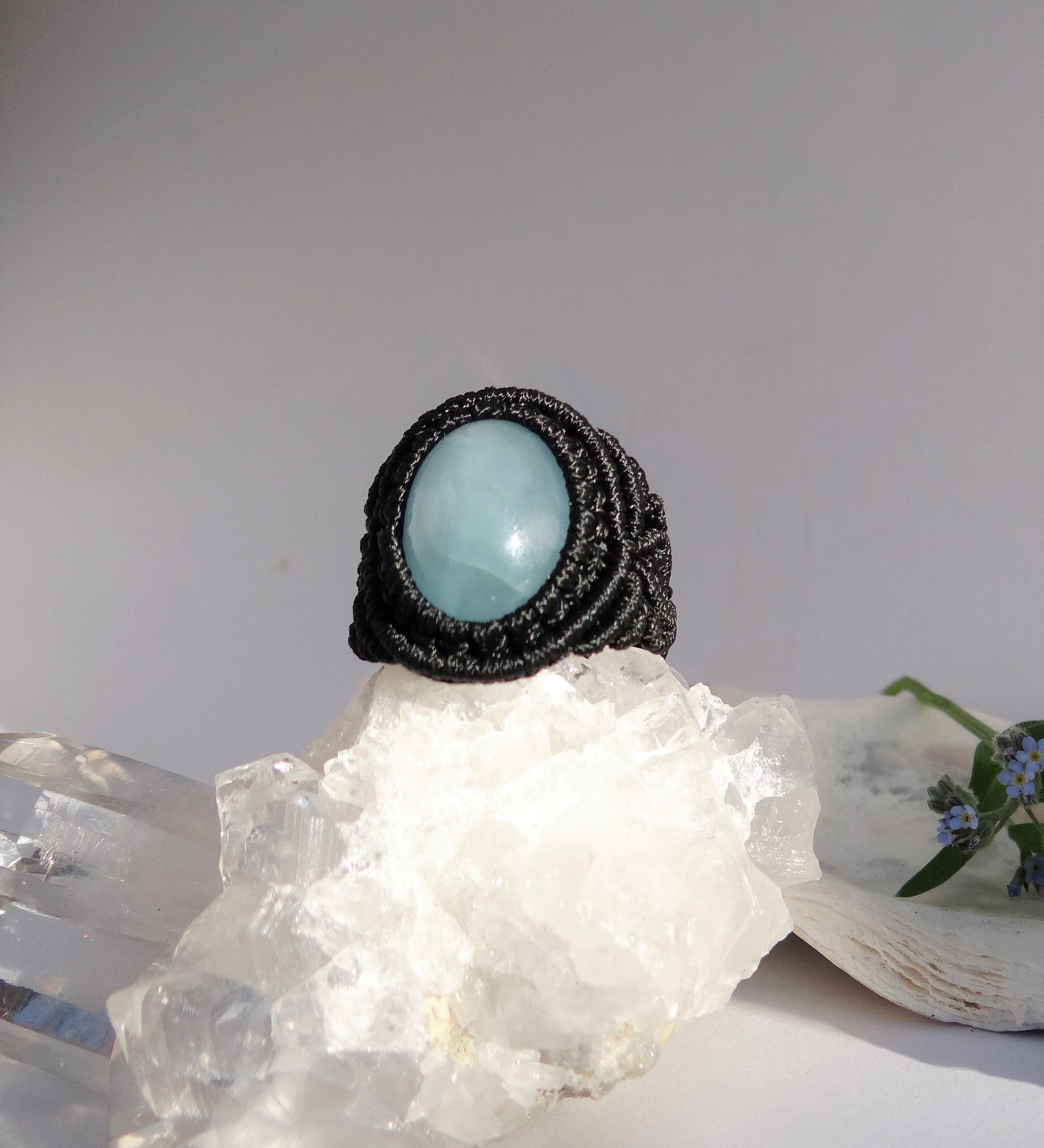 Black Macrame Ring with Turquoise Gemstones Handmade Macrame Jewelry –  ElvysCreations