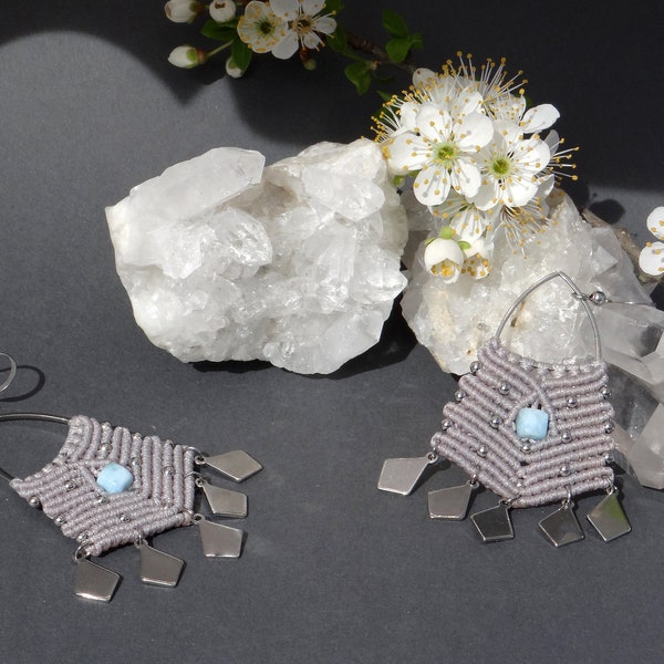 Larimar earrings. Knot dangly earrings and bridal accessories. Tribal boho jewelry. Pisces birthstone.Macrame earrings and silver beach wear