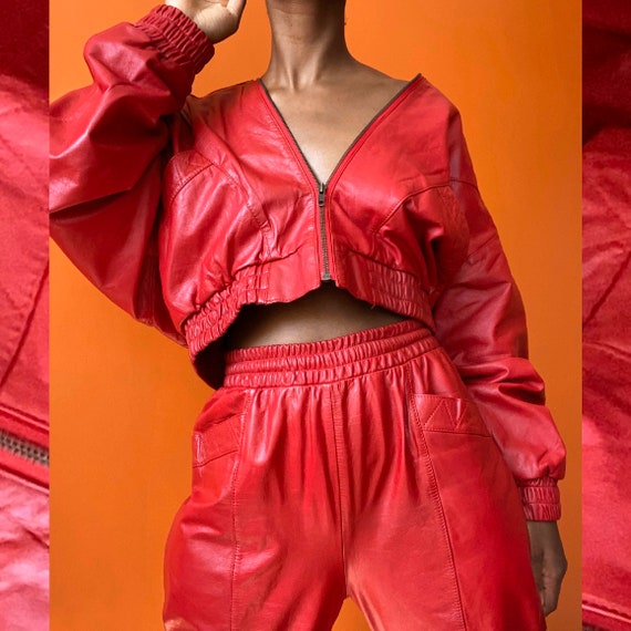 90s Red Leather Bomber Jacket and Pants