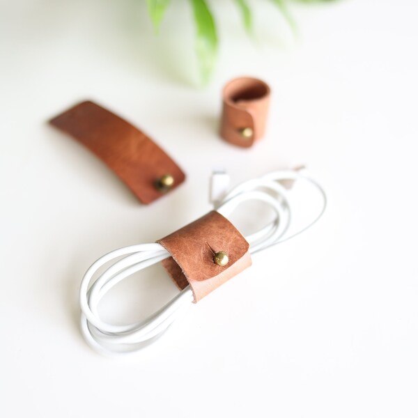 Cord Keepers - set of 3  |  leather cord keeper leather electronic wire organizer charging cord holder leather cord wrap