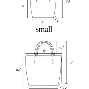 Puede incluir: Diagrama de dos bolsos tote, etiquetados como "peque&ntilde;o" y "grande". El bolso peque&ntilde;o mide 28 cm de alto, 20 cm de ancho y 13 cm de profundidad, con un asa de 30 cm. El bolso grande mide 29 cm de alto, 28 cm de ancho y 16,5 cm de profundidad, con un asa de 43 cm.