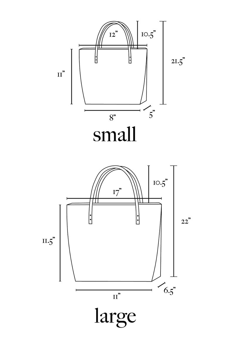 Puede incluir: Diagrama de dos bolsos tote, etiquetados como "peque&ntilde;o" y "grande". El bolso peque&ntilde;o mide 28 cm de alto, 20 cm de ancho y 13 cm de profundidad, con un asa de 30 cm. El bolso grande mide 29 cm de alto, 28 cm de ancho y 16,5 cm de profundidad, con un asa de 43 cm.