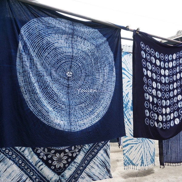 Indigo Tablecloth -  Hand Dyed 57x57'' Beach Pareo，Nature Indigo，100% Cotton Shibori Table Cover, Handmade Wall Tapestry