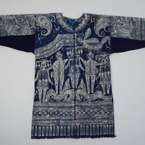 Tunica in cotone batik disegnata a mano tribale cinese - Top etnico unisex, cappotto di media lunghezza