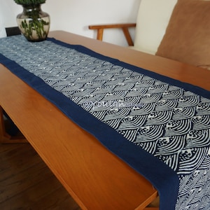 May include: A navy blue and white patterned table runner. The runner features a repeating wave design in white against a navy blue background. The edges are trimmed with a solid navy blue border. The runner is displayed on a wooden table.