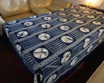 Handmade Indigo Tie-Dye Tablecloth 59x79in - Unique Boho-Style Ethnic Shibori Fabric, Wall Hanging