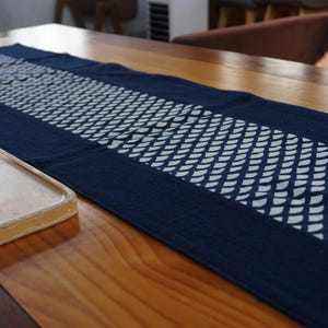 Peut inclure: Une nappe de table bleu marine avec un motif géométrique blanc. La nappe est rectangulaire et en tissu. Un plateau en bois et une carafe en verre sont visibles sur le côté gauche de l'image.