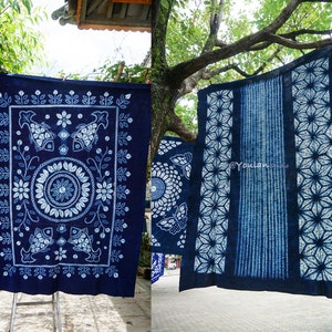 Hand Dyed Indigo Tablecloth 59x78 inches，Nature Indigo，100% Cotton Shibori Table Cover, Handmade Wall Tapestry