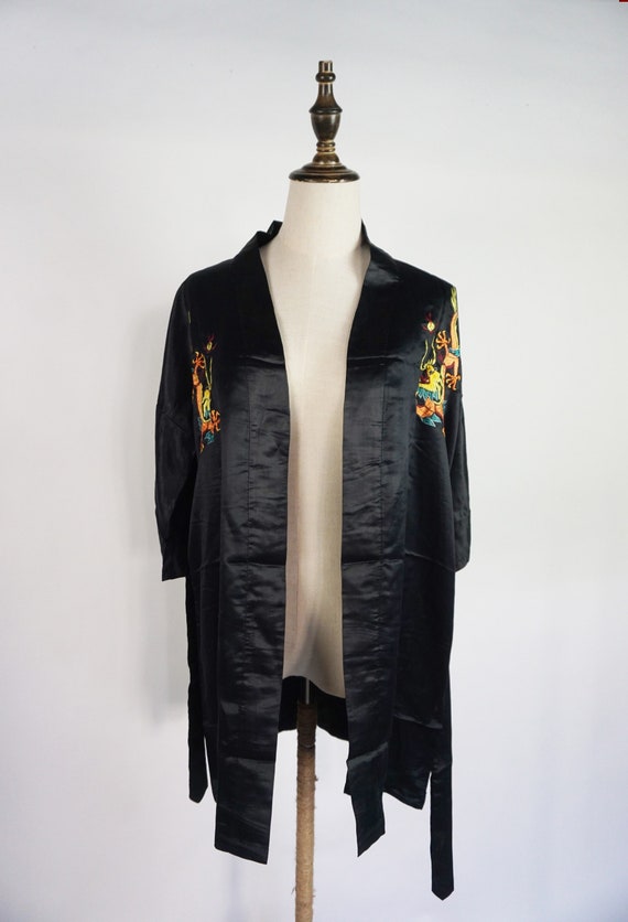 60s Vintage Black Satin Silk Asian Kimono Style R… - image 4