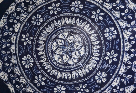 藍染めテーブルクロス - 78x78インチ 手染めテーブルカバー、絞り