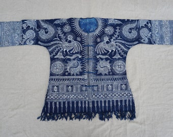 Unisex Hand Batik Shirt, Vintage Chinese Jacket, Indigo Dyed