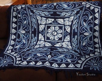 Vintage Indigo Dekoratives Tuch Mit Quaste, Quadratische Tischdecke aus Baumwolle (45 Zoll), Einzigartig Handgemacht