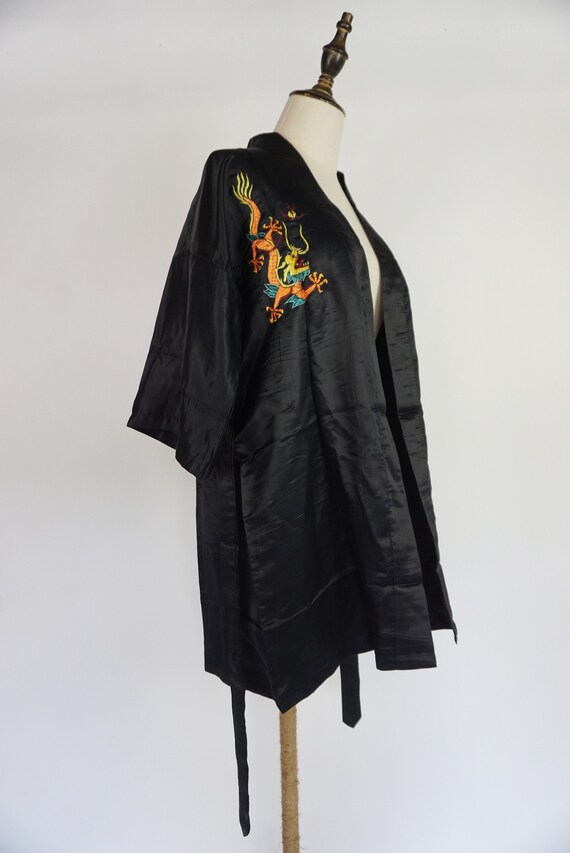 60s Vintage Black Satin Silk Asian Kimono Style R… - image 2