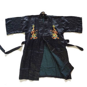 60s Vintage Black Satin Silk Asian Kimono Style Robe,Chinese Hand Embroidered Dragon Jacket 100% Silk
