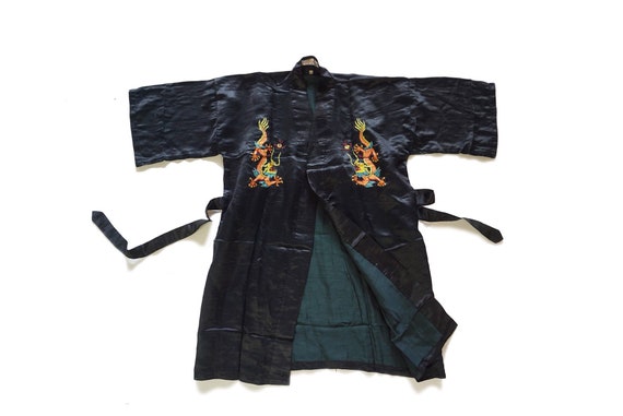 60s Vintage Black Satin Silk Asian Kimono Style R… - image 1