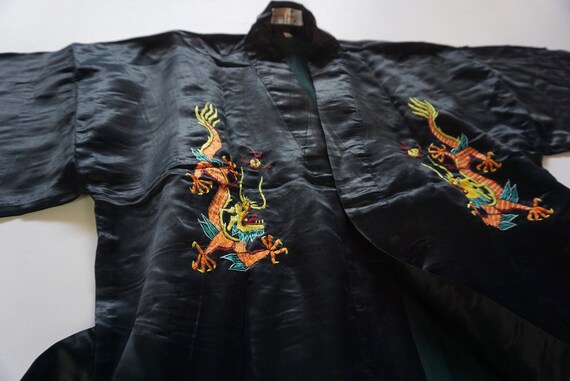 60s Vintage Black Satin Silk Asian Kimono Style R… - image 7