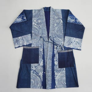 Chinese Tribal Batik Cotton Coat, Unisex Mid-length Indigo Jacket