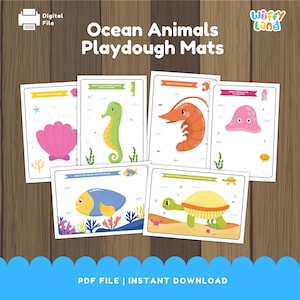 Puede incluir: Un conjunto de tapetes de plastilina de Animales del Océano. Cada tapete presenta una criatura marina diferente, como un caballito de mar, un camarón y una tortuga. Los tapetes están diseñados para el juego creativo y el aprendizaje, con el texto "Ocean Animals Playdough Mats".