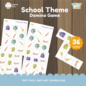 Op de afbeelding: Schoolthema dominospel met illustraties van schoolartikelen. Het spel bevat 36 dominostenen met afbeeldingen van rugzakken, globes, potloden, scharen en brillen. De tekst "School Theme Domino Game" is weergegeven.