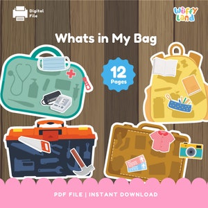 Contenu de mon sac, sac de profession, jeu de simulation, page occupée, auto-photographie, activité scolaire à domicile, impression pour tout-petits
