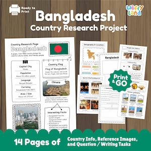 Op de afbeelding: Een 14-pagina tellende printbare set voor een landenonderzoeksproject over Bangladesh, met educatieve werkbladen vol tekst, kaarten en afbeeldingen over geografie, cultuur en bezienswaardigheden. Bevat secties voor hoofdstad en klimaat.