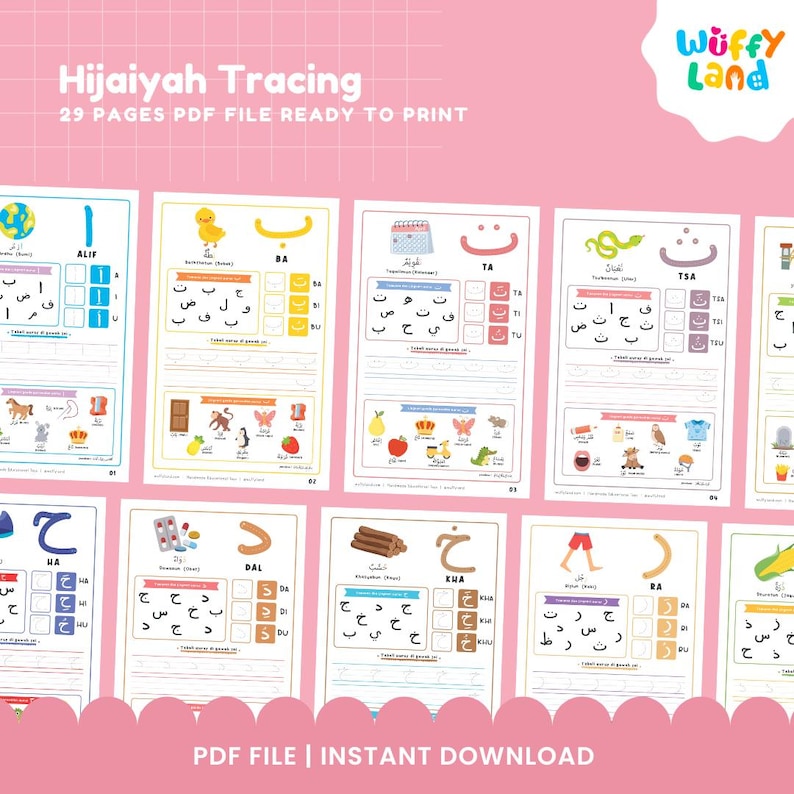 Pu&ograve; includere: Un set di 29 fogli di lavoro stampabili per tracciare le lettere arabe. Ogni foglio di lavoro presenta un'illustrazione colorata e una griglia per esercitarsi con la lettera. Il titolo del set &egrave; "Hijaiyah Tracing" e il testo "29 Pages PDF File Ready to Print" &egrave; incluso.
