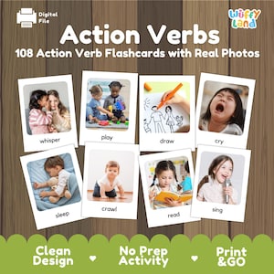 Action Verbs Flashcards for Kids | 108 Real Photo Cards | ESL Vocabulary Printable | Speech Therapy Learning Activity | Toddler Preschool