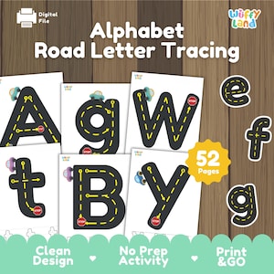 Alphabet Tracing Sheets with Car Theme - Uppercase and Lowercase Road Letter PDF Preschool Handwriting Practice