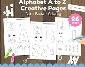 Alphabet A to Z Worksheets for Kids | Cut and Paste Coloring Activity | ABC Letter Crafts Printable | Preschool Kindergarten Learning