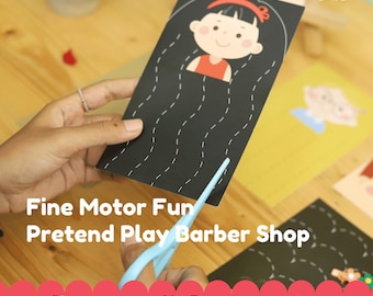 Barber Shop Pretend Play Printable | Fine Motor Cutting Activity for Kids | Scissor Skills Practice | Preschool Toddler Busy Activity
