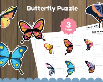 Animal Symmetry Puzzles for Kids, Butterfly Matching Cards, Printable Montessori Activity, Kindergarten Educational Puzzle