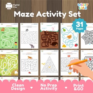 May include: A collection of printable maze activity pages with colorful illustrations of animals and objects. The set includes 31 pages with mazes of varying difficulty levels. The text on the image says "Maze Activity Set", "Clean Design", "No Prep Activity", and "Print & GO".
