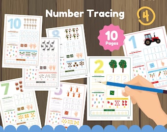 May include: A set of 10 printable worksheets for kids to practice tracing numbers 1 through 10. Each page features a different farm animal and a number tracing activity. The worksheets are designed to help children develop their fine motor skills and number recognition.
