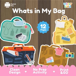 Könnte beinhalten: Eine digitale Datei mit dem Titel Whats in My Bag mit 12 illustrierten Seiten, darunter eine türkisfarbene Arzttasche, ein gelber Rucksack, ein orangefarbener Werkzeugkasten und ein brauner Koffer mit Gegenständen wie Maske, Stethoskop und Kamera.