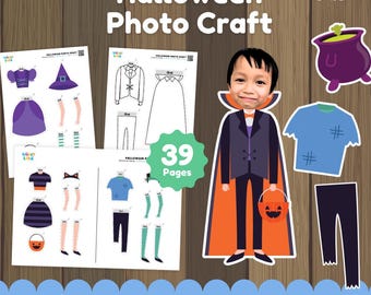 May include: A digital Halloween photo craft activity set featuring 39 pages of printable costume elements like hats, capes, shirts, and pants. The set includes a character template with a vampire outfit, a pumpkin bucket, and various accessories.