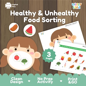 Clasificación de alimentos saludables y no saludables (imprimible) / Actividad de nutrición preescolar / Hoja de trabajo para cortar y pegar sobre la clasificación de alimentos / Lección de salud para jardín de infantes