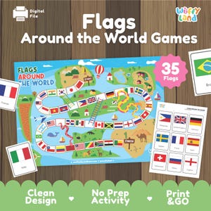 Puede incluir: Un juego de mesa colorido titulado "Flags Around the World Games" con un diseño de mapa del mundo. El juego incluye 35 banderas y tarjetas con banderas de países. También se muestran las palabras "Clean Design", "No Prep Activity" y "Print & GO".