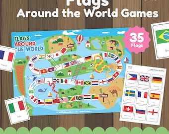 Gioco da tavolo "Bandiere del mondo" stampabile / Attività di geografia per bambini / Gioco didattico sui paesi / Flashcard PDF di studi sociali per l'homeschooling