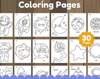 May include: A digital file set of 30 space coloring pages featuring black and white line art of planets, rockets, stars, and characters in astronaut suits. The text reads Space Coloring Pages, 30 Pages, Clean Design, No Prep Activity, Print & GO.