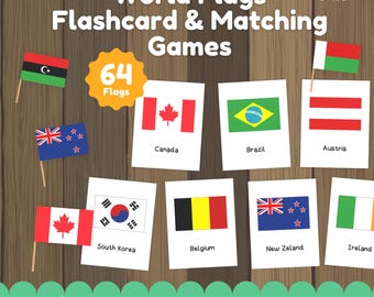 Tarjetas didácticas imprimibles de banderas del mundo, juego de emparejar países, actividad de geografía para niños, aprendizaje preescolar, material imprimible para educación en casa.