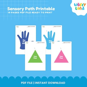 K&ouml;nnte beinhalten: Druckbare Sinnespfad-Aktivit&auml;tskarten mit Anweisungen f&uuml;r Kinder. Die Karten zeigen eine blaue Hand mit dem Text "High Five", eine blaue Hand mit dem Text "Clap Your Hands", ein gr&uuml;nes Dreieck mit dem Text "Tree Pose" und ein rosa Dreieck mit dem Text "Tree Pose".