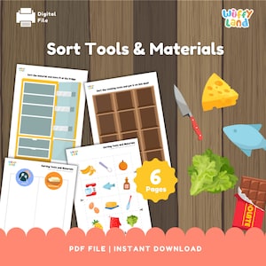 Puede incluir: Conjunto de actividades imprimibles educativas titulado "Sort Tools & Materials". La imagen muestra varias páginas con actividades de clasificación, incluyendo alimentos como queso, pescado y lechuga, y utensilios de cocina. El conjunto incluye 6 páginas y es un archivo digital.