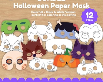 May include: A digital bundle of 12 Halloween paper masks featuring various designs including a green monster, a pumpkin, a cat, and a skull. The collection includes both colorful and black and white versions for printing, labeled as a clean design.